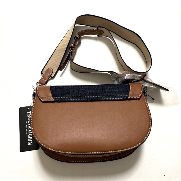 NWT TRUE RELIGION Saddle Flap Denim Crossbody Bag Stitched Horseshoe Logo Brown - Picture 5 of 9